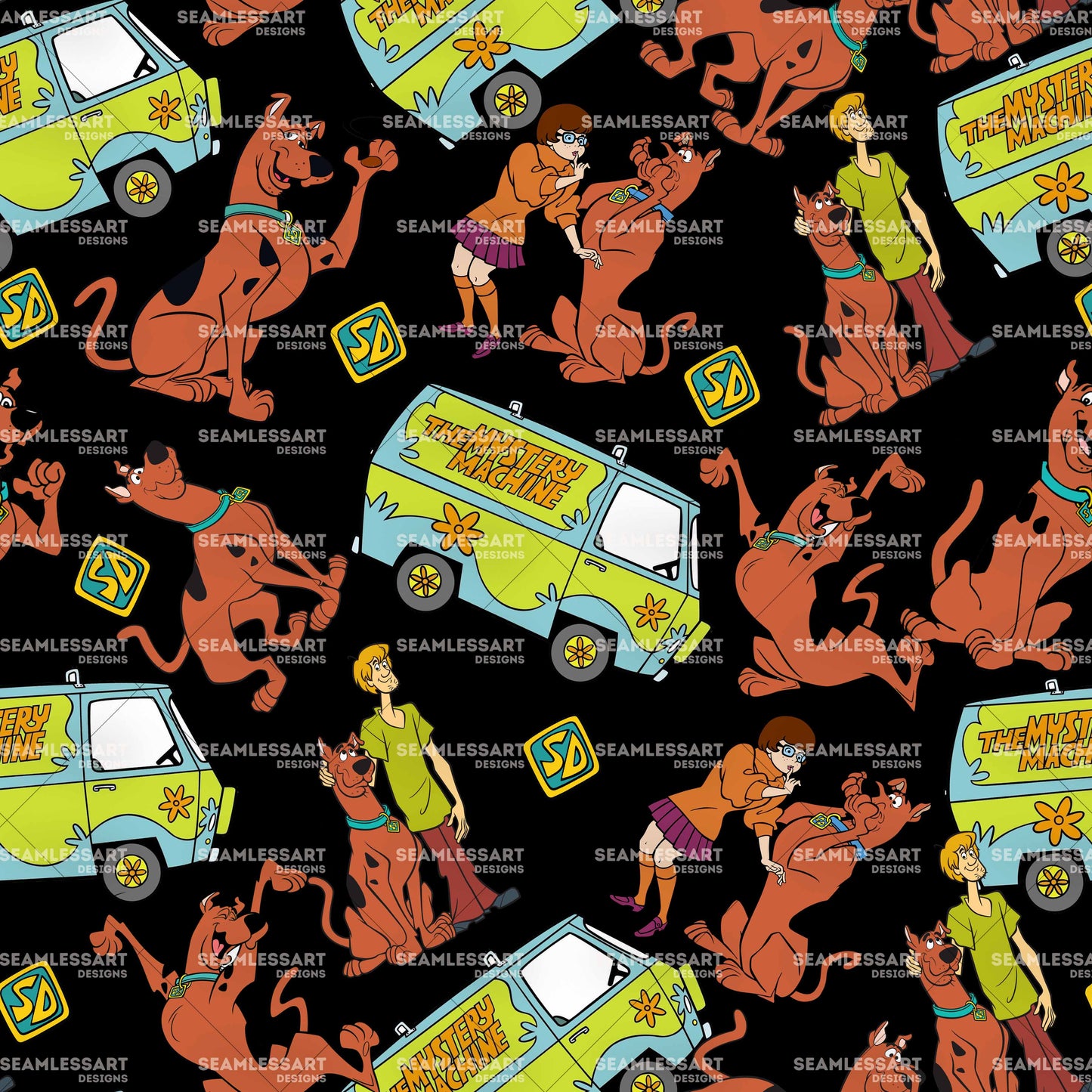 Scooby & Friends Seamless Pattern – Black Cartoon Digital Paper for Kids Fabric & Decor
