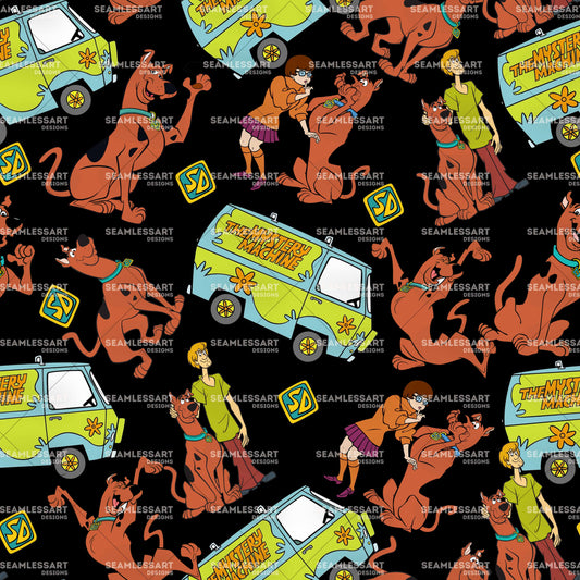 Scooby & Friends Seamless Pattern – Black Cartoon Digital Paper for Kids Fabric & Decor