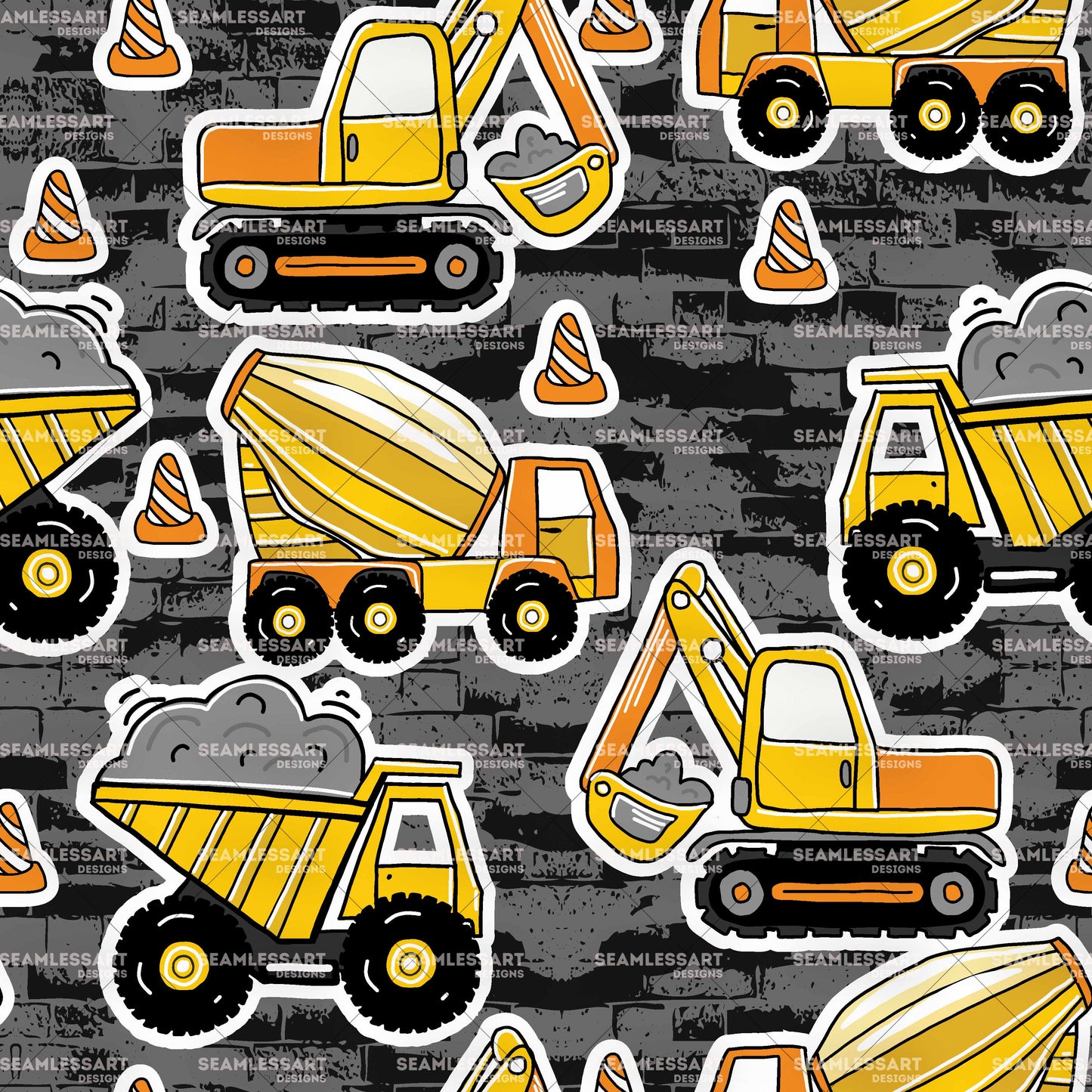 Construction Sticker Seamless Pattern – Dark Brick Digital Paper for Boys Fabric