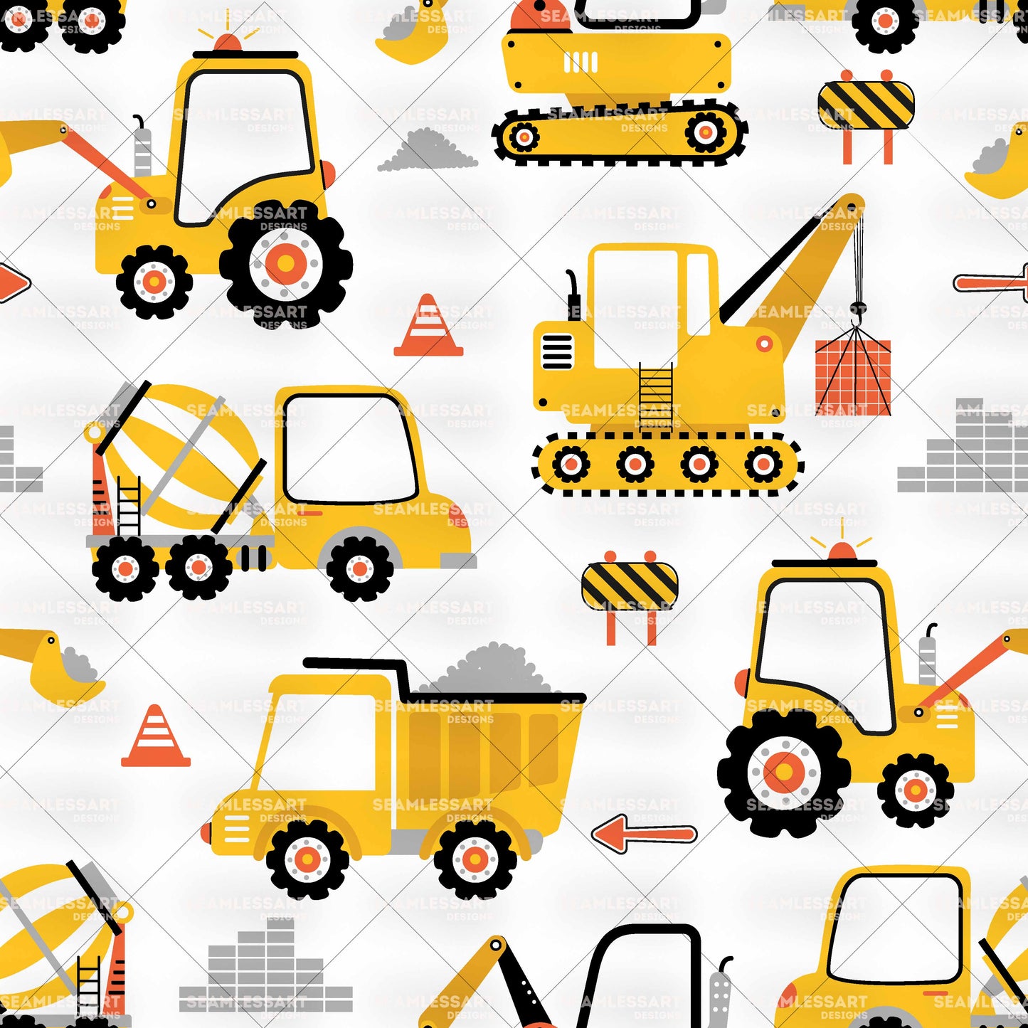 Construction Trucks Seamless Pattern – Cute Yellow Digital Paper for Boys Nursery Fabric
