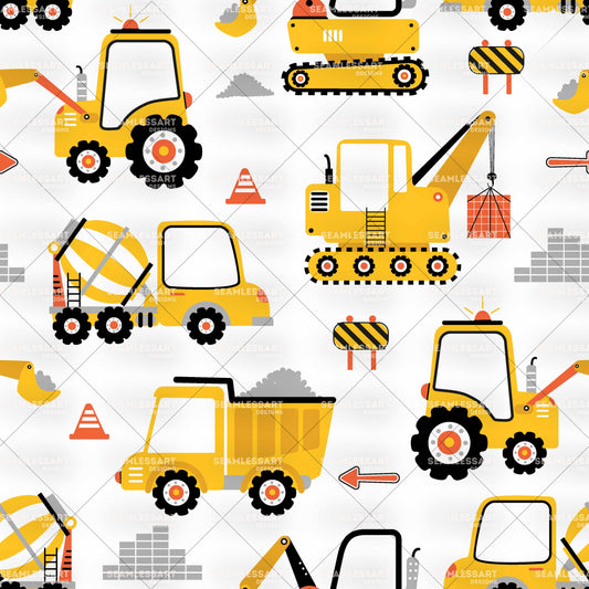 Construction Trucks Seamless Pattern – Cute Yellow Digital Paper for Boys Nursery Fabric