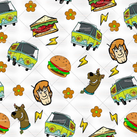 Scooby & Shaggy Seamless Pattern – Cartoon Food Digital Paper for Kids Fabric