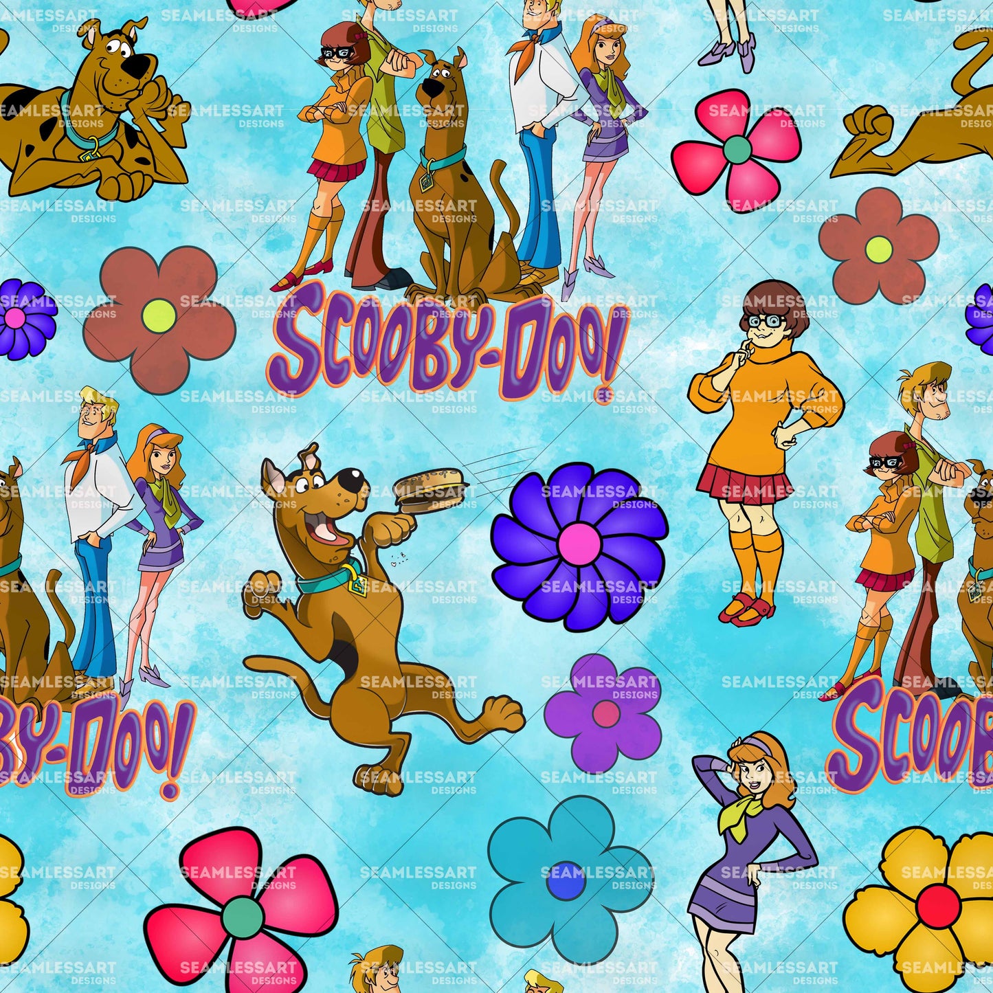 Scooby Flower Power Seamless Pattern – Blue Retro Digital Paper for Kids Fabric