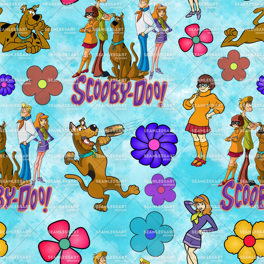 Scooby Flower Power Seamless Pattern – Blue Retro Digital Paper for Kids Fabric