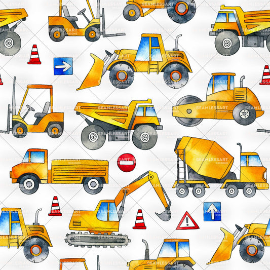 Watercolor Construction Seamless Pattern – Yellow Truck Digital Paper for Boys Nursery Fabric