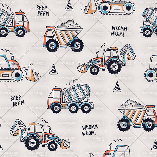 Construction Doodle Seamless Pattern – Cute Sketch Trucks Digital Paper for Boys Fabric