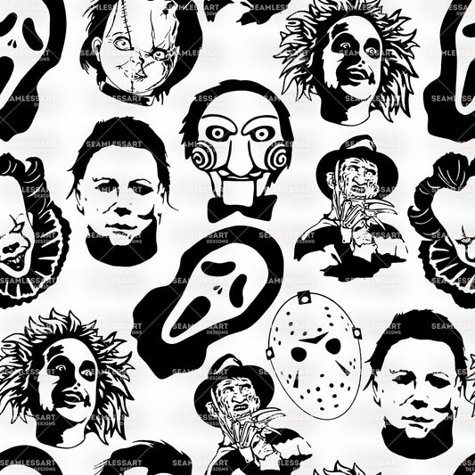 Classic Horror Movie Characters Seamless Pattern – Halloween Horror Digital Paper for Fabric, Posters & Spooky Craft Prints