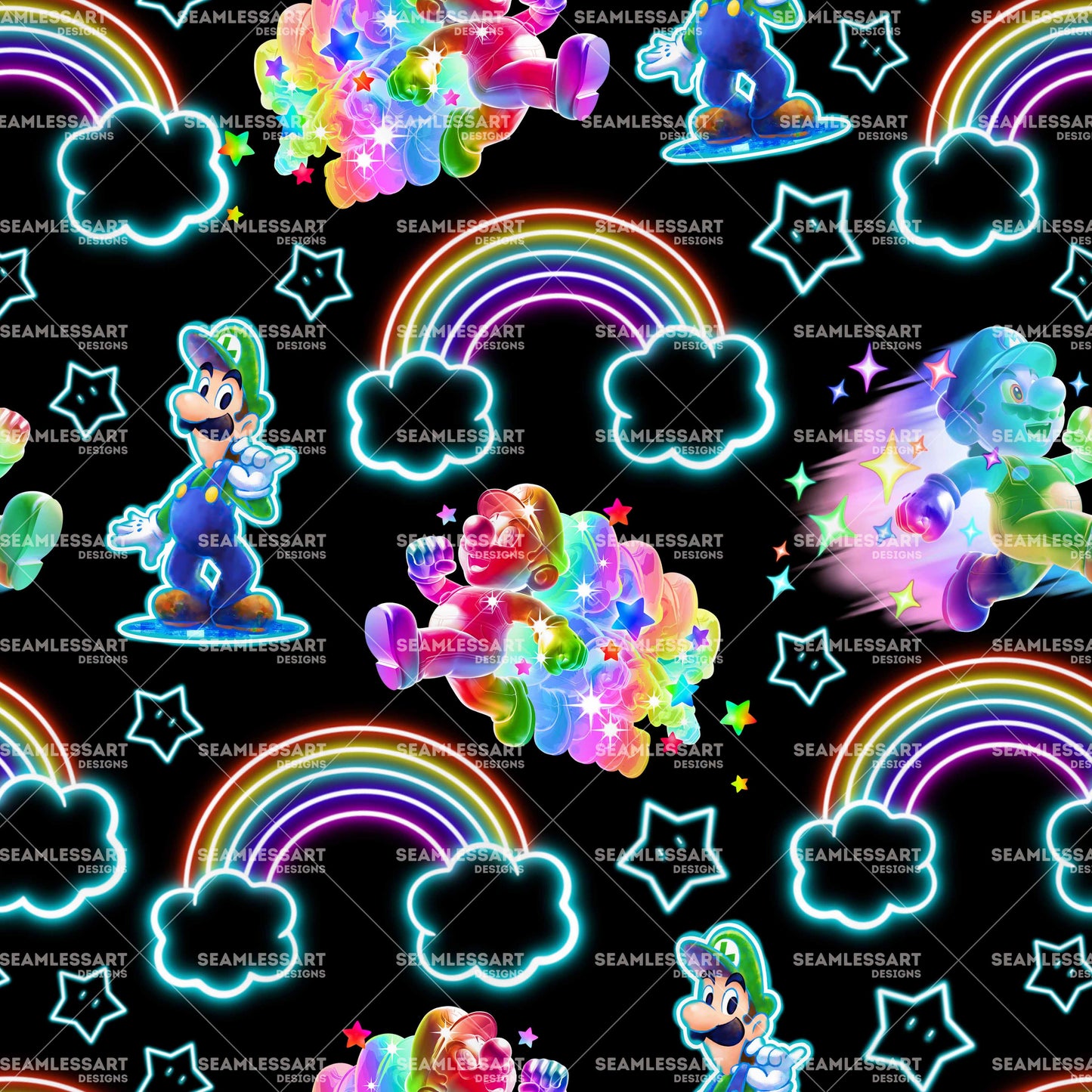Neon Rainbow Gaming Characters Seamless Pattern – Glow Style Digital Paper for Kids Fabric, Gamer Crafts & Colorful Prints