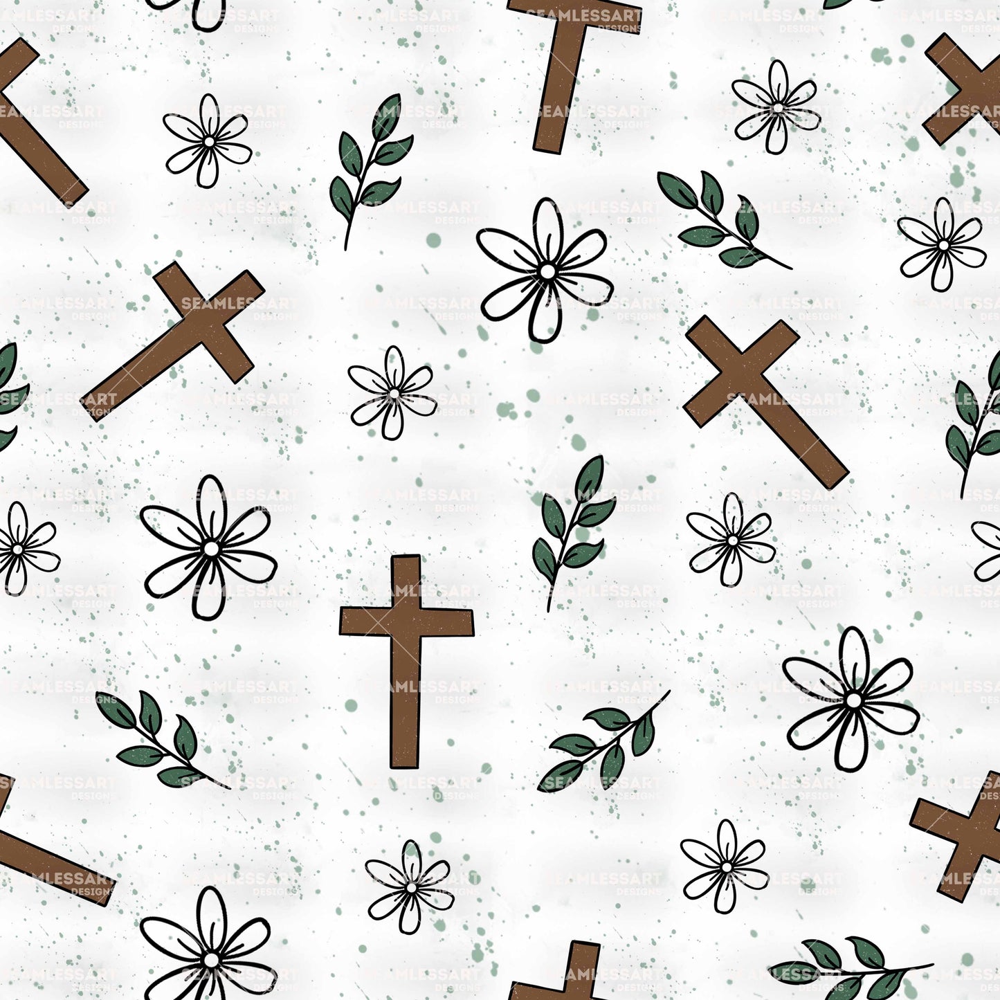 Minimal Christian Cross Floral Seamless Pattern – Faith-Inspired Digital Paper for Fabric, Scrapbooking & Religious Crafts
