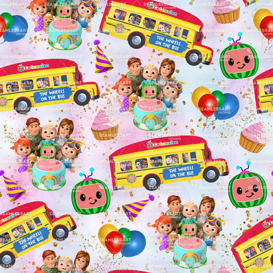 Cocomelon Birthday Party Seamless Pattern – Kids Cartoon Digital Paper for Party Supplies, Fabric, Wrapping, Nursery Decor & DIY Projects