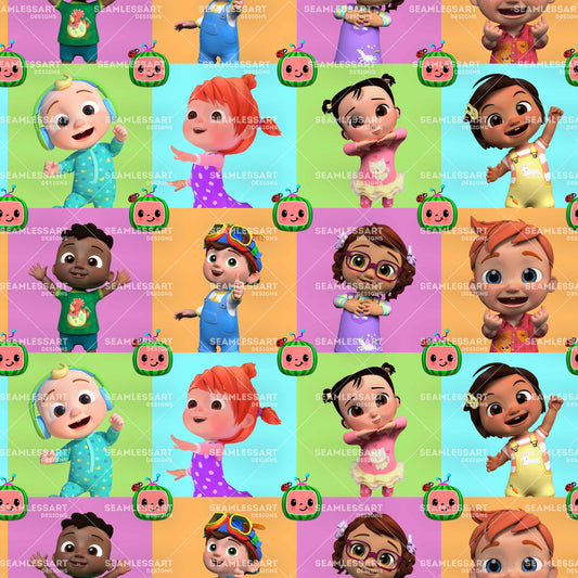 Cocomelon Kids Characters Seamless Pattern – Colorful Cartoon Digital Paper for Birthday Decor, Nursery Prints, Fabric, Wrapping & DIY Party Projects